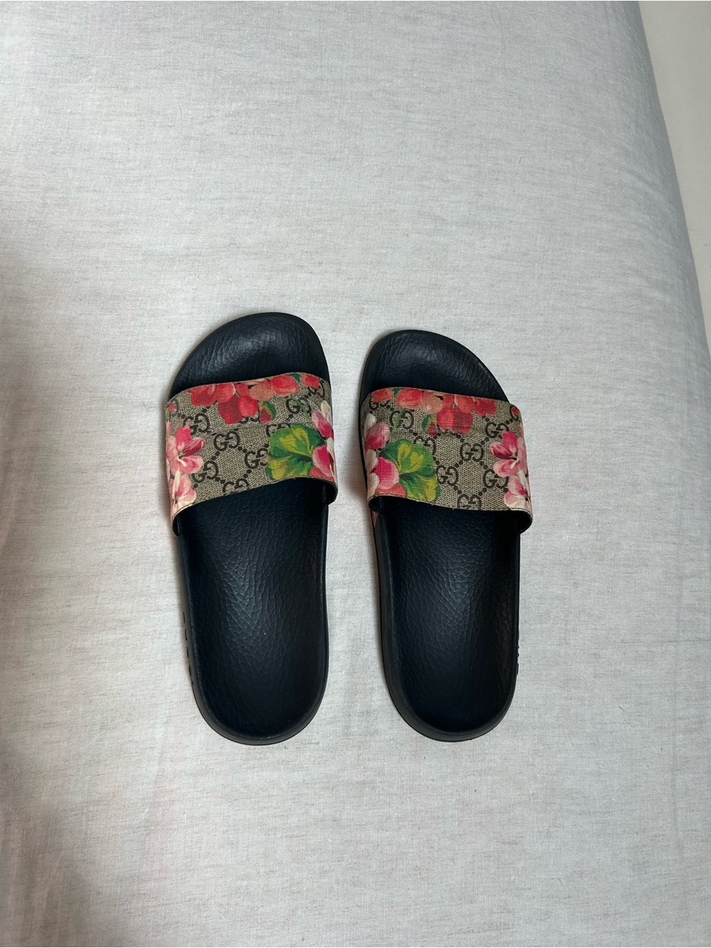 Gucci Black Slide Sandals with Floral Monogram Strap